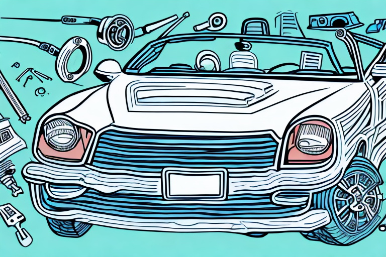 A convertible car with its roof partially dismantled