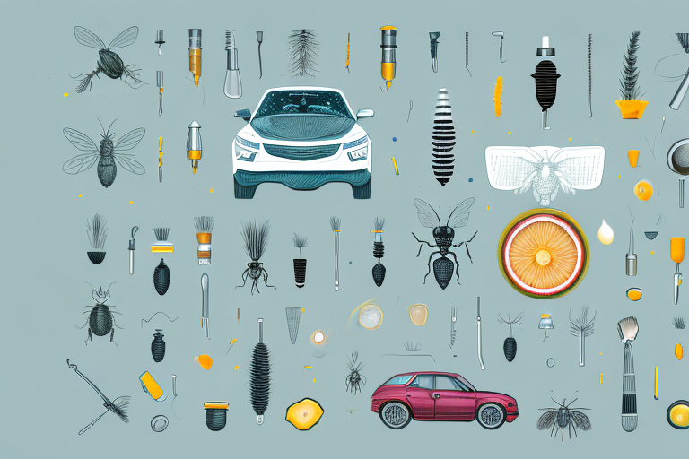 An open car interior with various tools and natural repellents