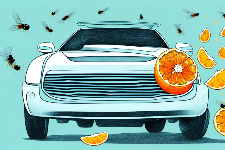 A car parked outdoors with several flies buzzing around it