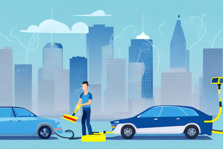 A car being efficiently vacuumed with various cleaning tools scattered around