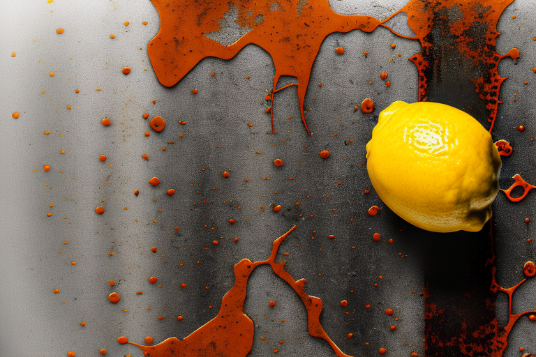 A lemon being squeezed onto a rusty metal surface