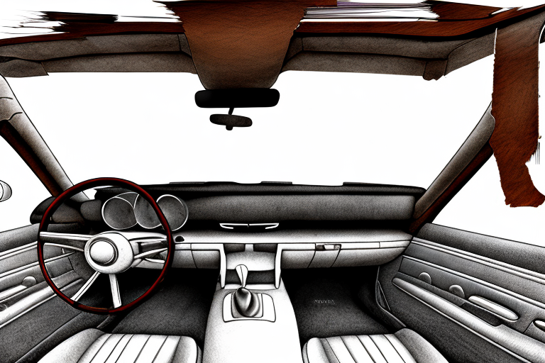 A car interior stripped down to its bare frame with various leather pieces and tools scattered around