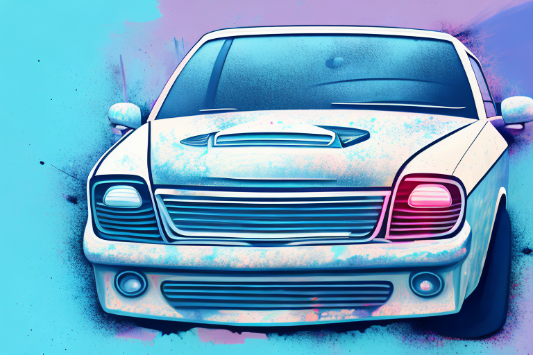 A car in a professional spray painting booth with various tools and paint cans nearby