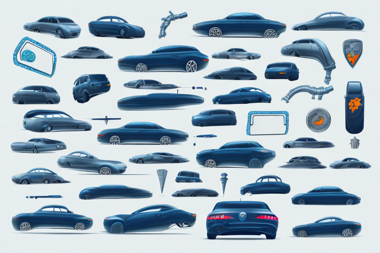 A variety of car parts scattered around a stylized