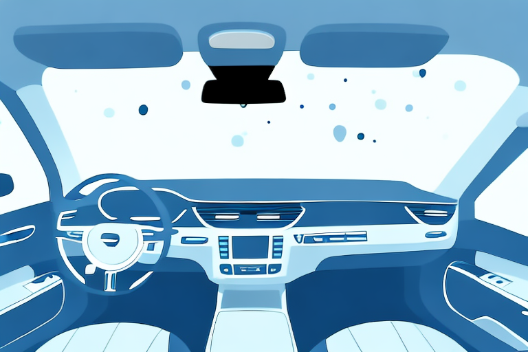 A car interior with foggy windows and some tools like a dehumidifier and air conditioning system