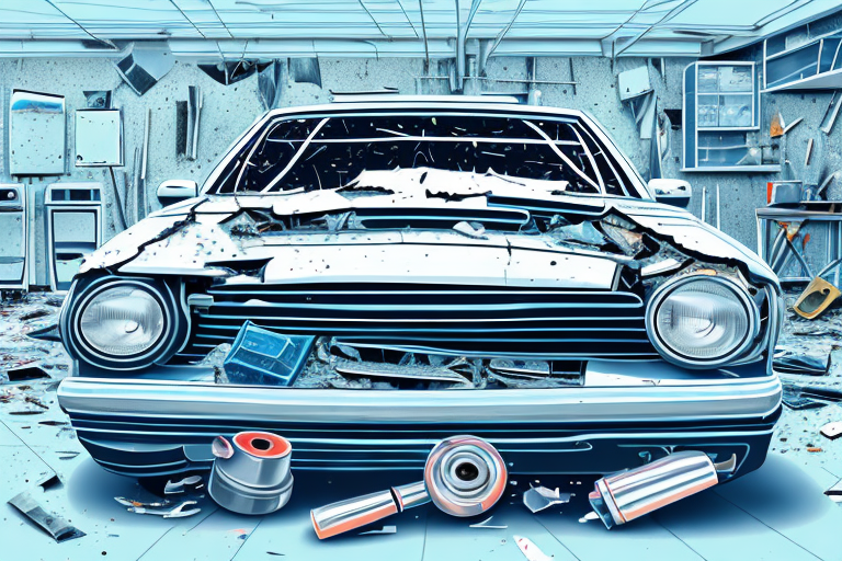 A damaged car in a garage with various repair tools scattered around