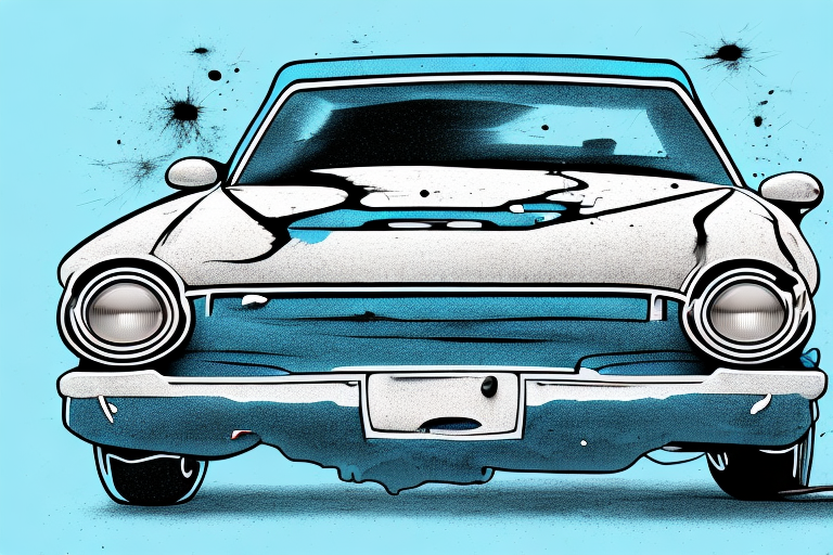 A car with deep scratches on the side and a repair kit with various tools and paint next to it