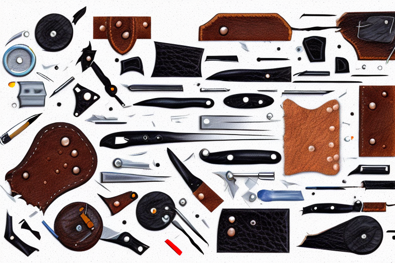 A damaged leather car seat with various repair tools like a leather repair kit