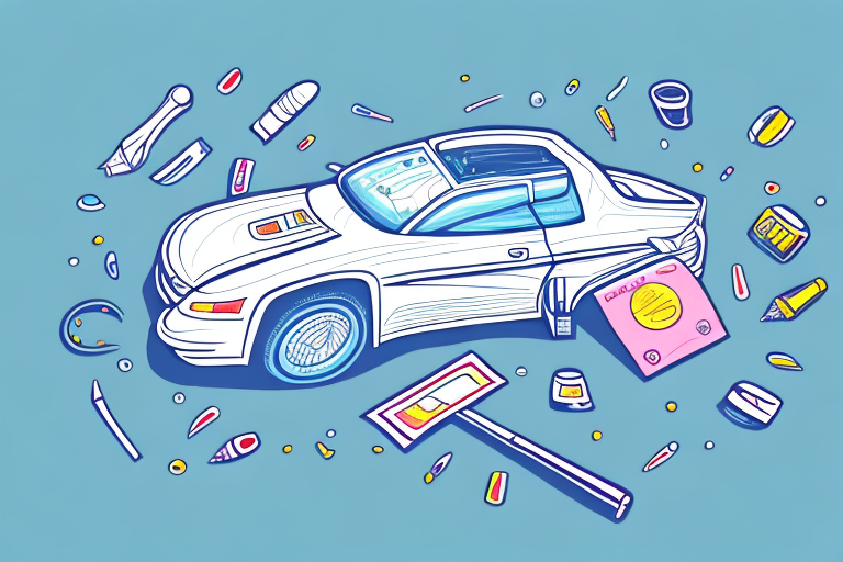 A car with a sticker on its surface and tools like a hair dryer and a plastic card nearby