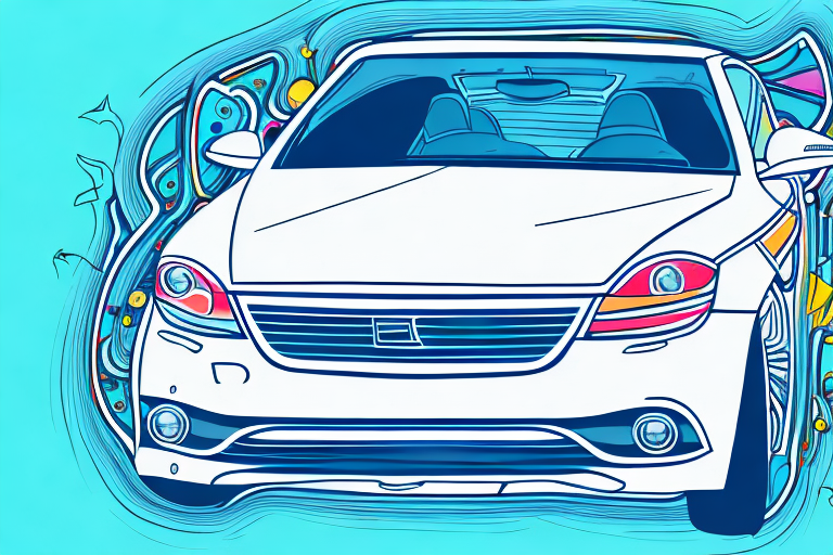 A car undergoing a process of vinyl wrap (autofolierung) with various tools nearby and a color palette showcasing different design options