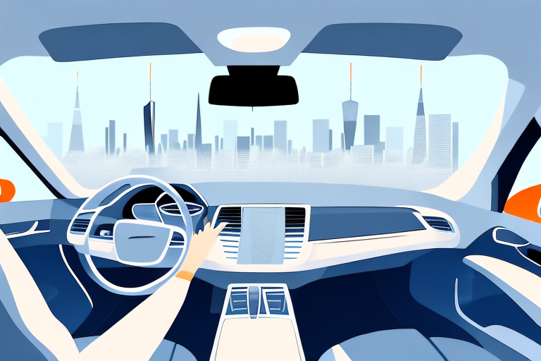 A clean and shiny car interior with the frankfurt skyline visible through the windows