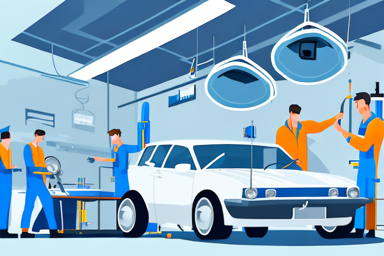 A well-equipped car repair workshop with various tools and a car with visible dents being repaired