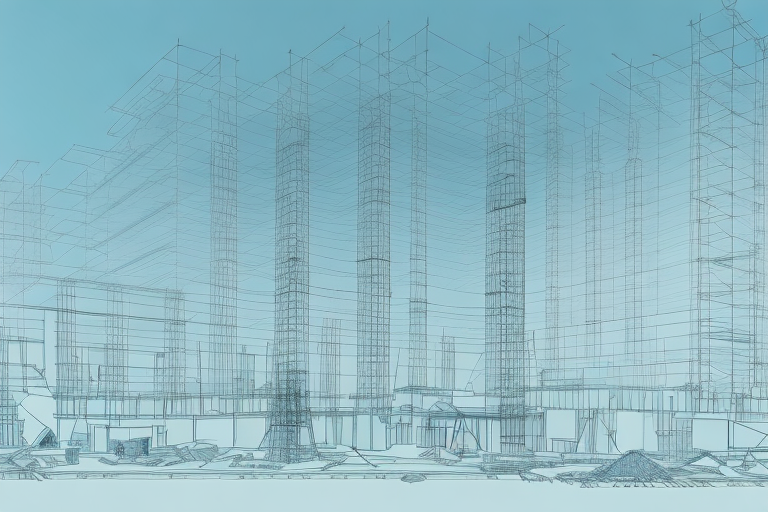 A construction site with various building tools and blueprints