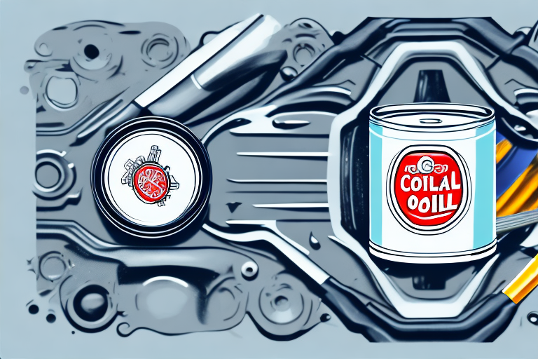 A car engine with a can of motor oil and cleaning tools nearby