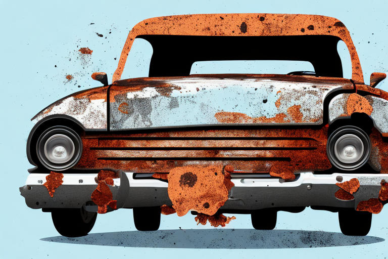 A car with visible rusty patches being treated with a can of rust primer