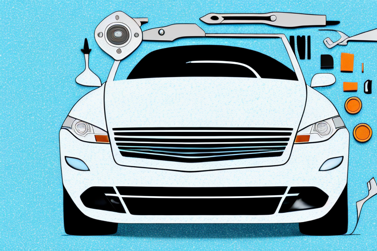 A car in a garage with various tools and products used for body sealing