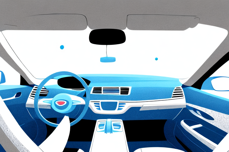 A car interior focusing on the sparkling clean windows with various cleaning tools such as a spray bottle