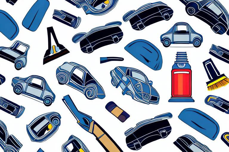 A car interior focusing on fabric seats with cleaning tools like a vacuum cleaner