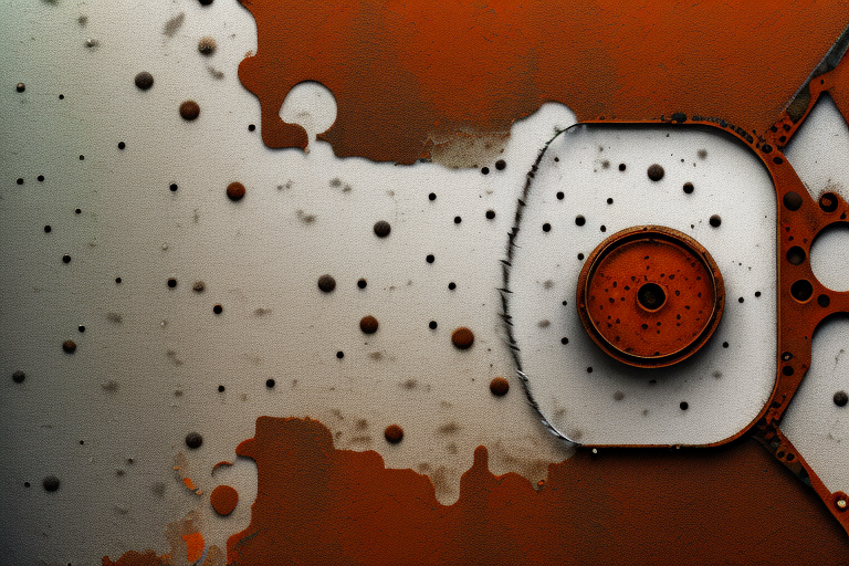 A rusty metal surface with a tool like a wire brush or sandpaper nearby