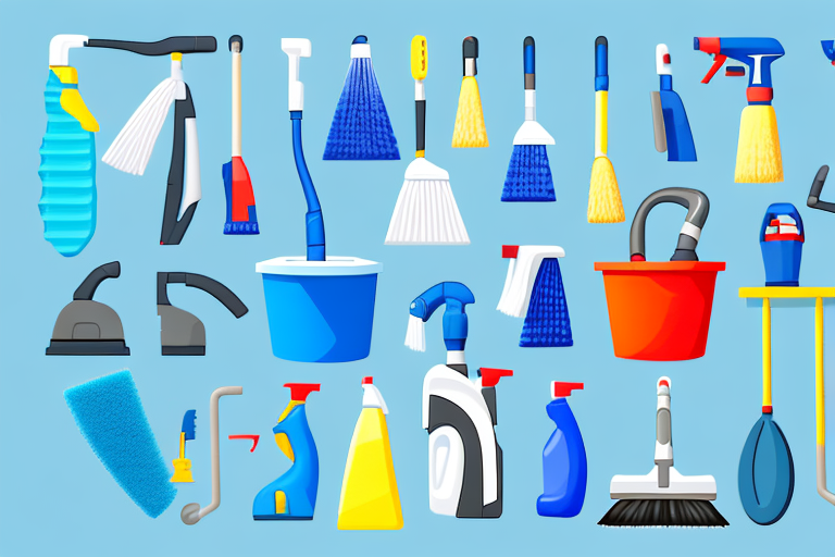 A variety of car cleaning tools such as a bucket filled with soapy water