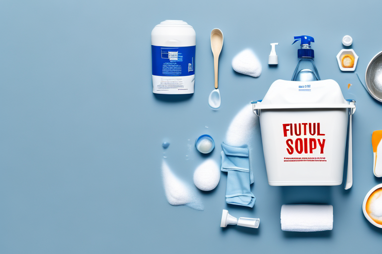 Various household items like a bucket filled with soapy water