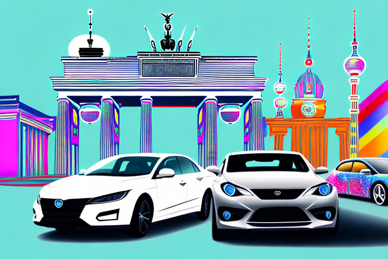 A variety of cars with different vibrant and stylish foil wraps parked in front of iconic berlin landmarks
