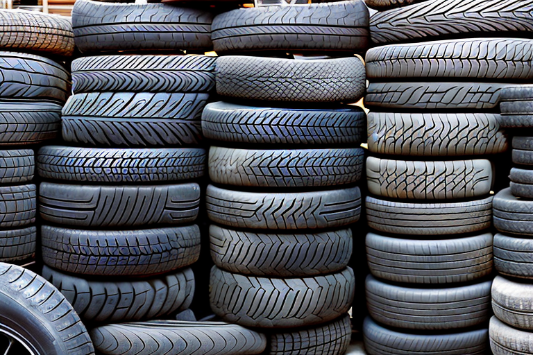 Various types of tires stored properly in a garage setting with labels indicating different storage techniques and tips