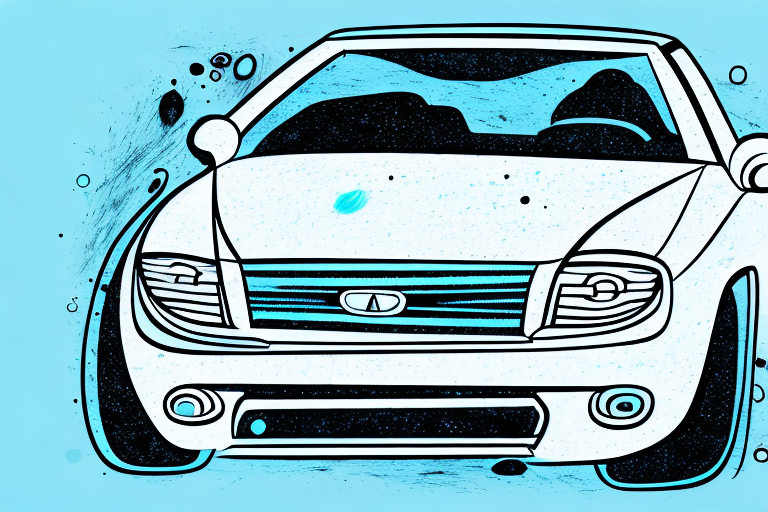 A car with visible scratches on its surface and a bottle of scratch remover solution next to it