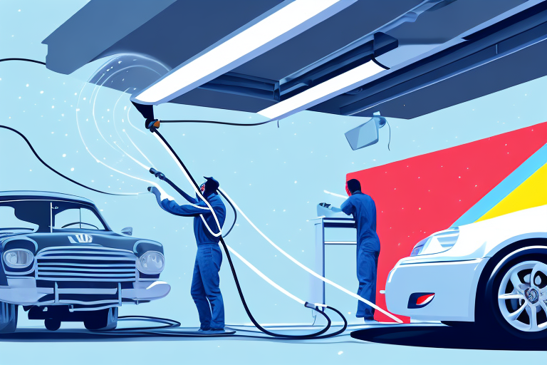 A car being spray painted in a professional garage