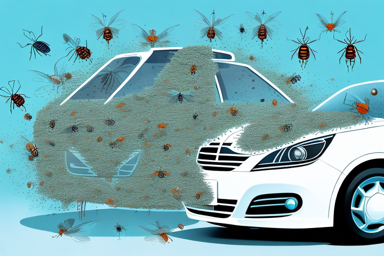 A car covered with insects and a spray bottle of insect remover next to it