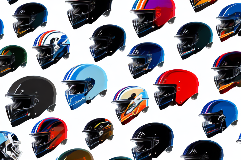 Several top-of-the-line open-faced motorcycle helmets displayed on a table