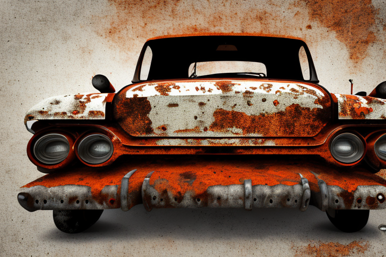 A rusty old car with visible tools nearby