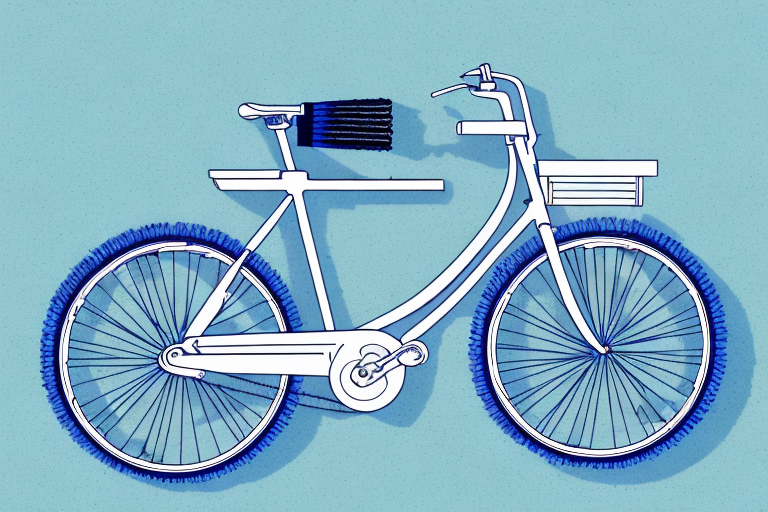 A bicycle on a stand with a close-up view of the chain and a cleaning brush
