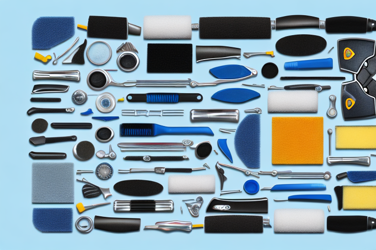 A comprehensive car care kit with various tools and products like polish