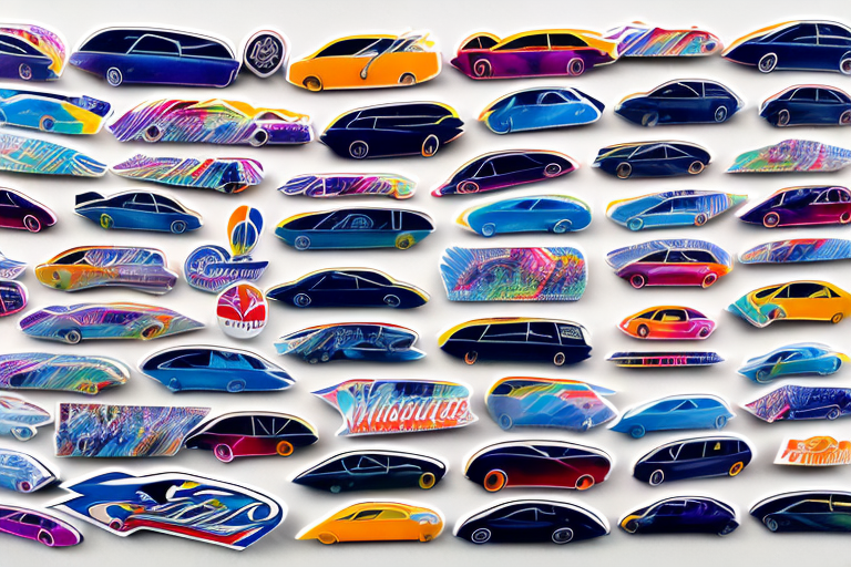 A variety of unique and colorful car stickers adhered to a car window
