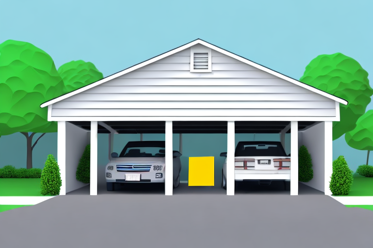 A carport built next to a house with a caution sign nearby