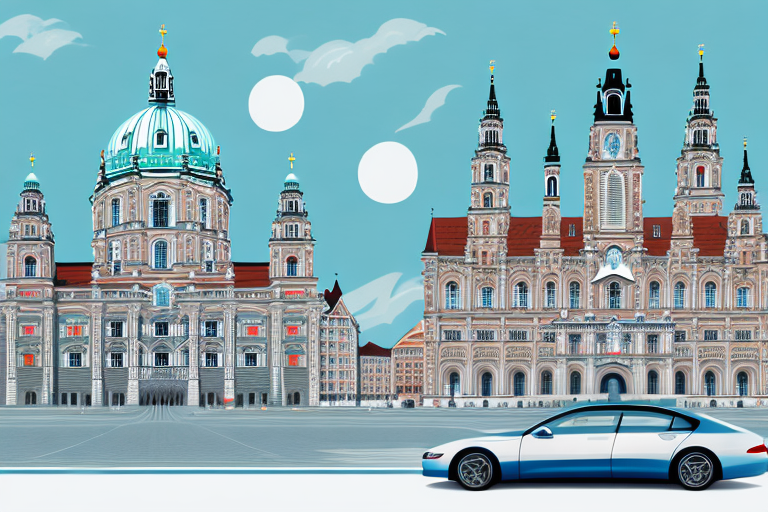 A pristine and shiny car interior with munich's iconic landmarks