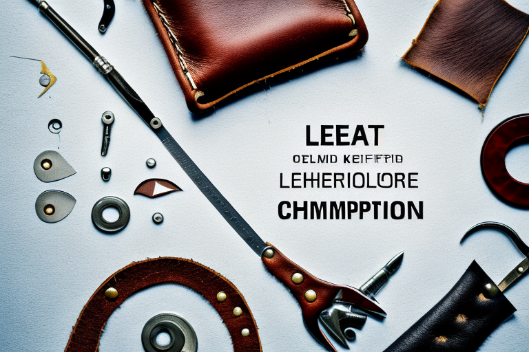 A leather repair kit with various tools and a piece of leather with a tear being mended