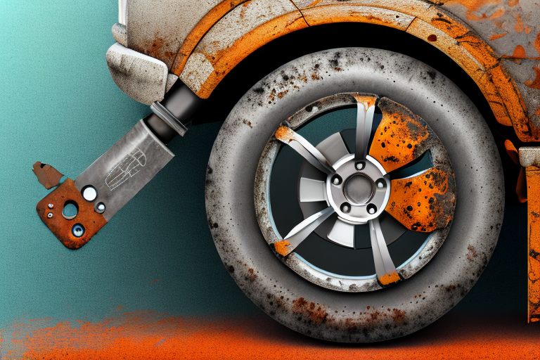 A car wheel arch with visible rust spots and a set of tools nearby