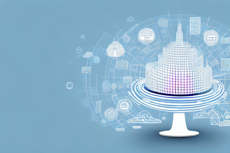 A digital landscape with various symbolic elements like a server tower