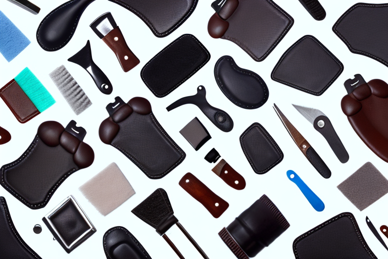 A variety of leather car seats being cleaned with different types of leather cleaners and tools