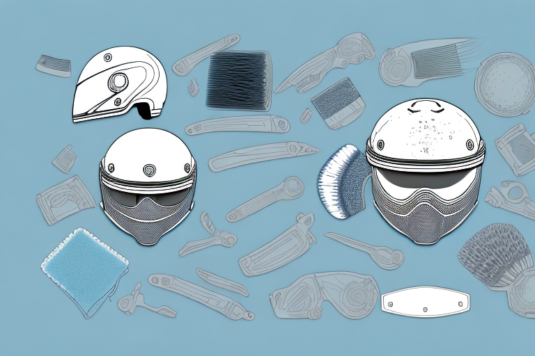 A motorcycle helmet with removable padding and cleaning supplies like a brush
