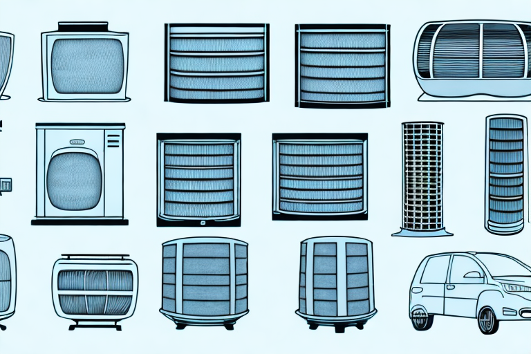 Various types of air filters next to a car air conditioning system