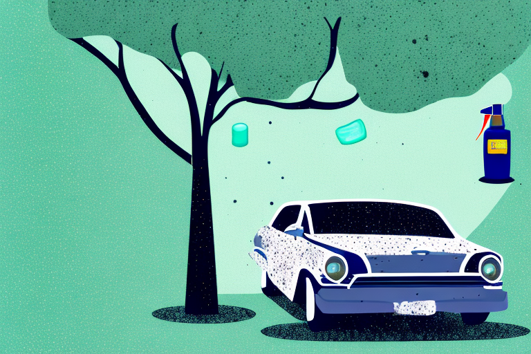 A car parked under a tree with visible spots of tree resin on its surface