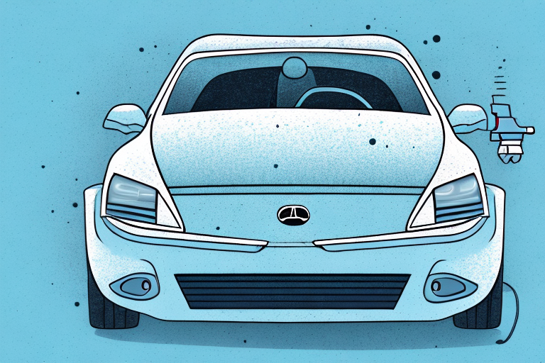 A car in a garage with a primer spray gun pointing towards it