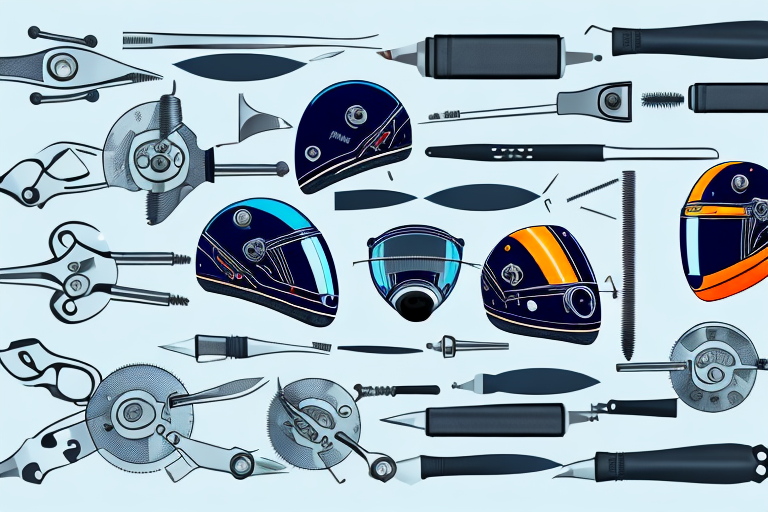 A motorcycle helmet with a detached pinlock visier and the tools needed for the change
