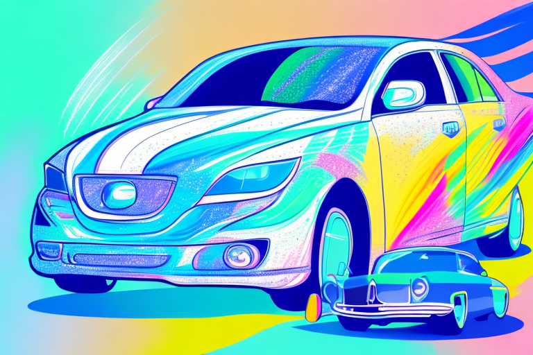 A colorful car polish bottle with a radiant car in the background