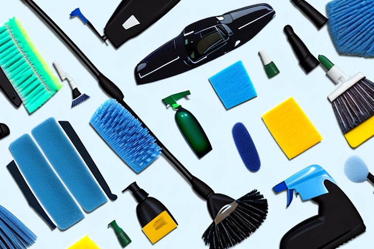 A car's dashboard being cleaned with a variety of cleaning tools like a microfiber cloth