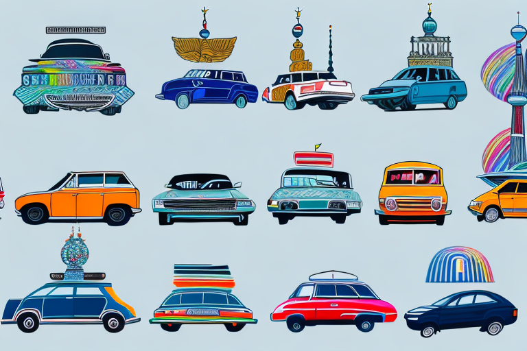 Various cars with different colorful and unique wraps parked in iconic locations of berlin
