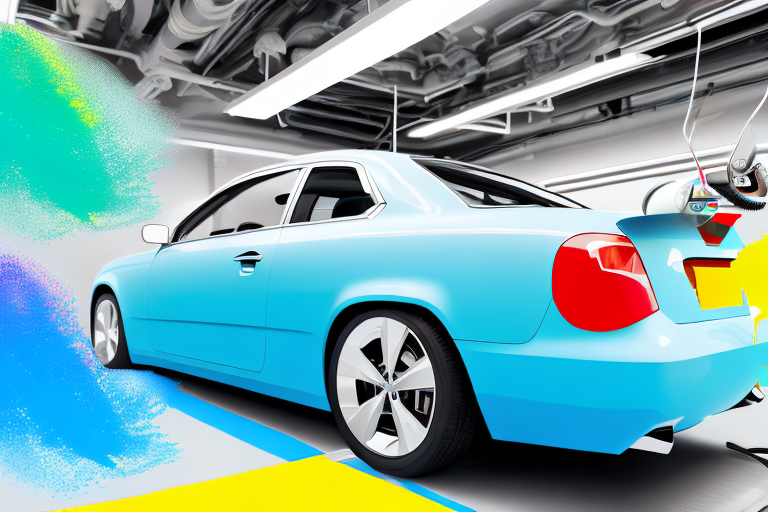 A vibrant and clean car painting workshop with various automotive spray guns